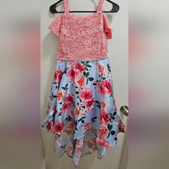 Speechless Coral Lace Bodice with Sky Floral Skirt Dress - Picture 1 of 7